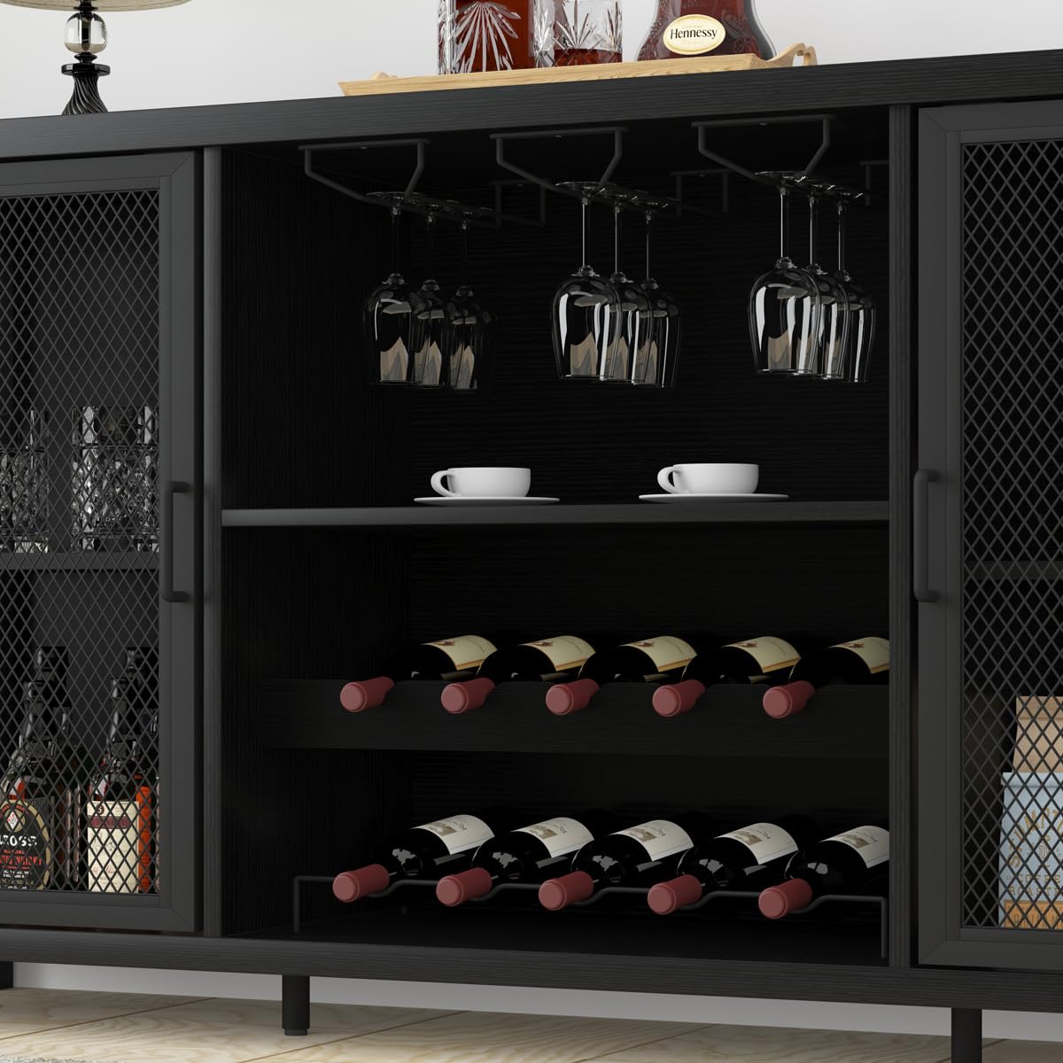 Black Oak Wine Bar Cabinet with Storage - 55 Inch Farmhouse Kitchen Buffet Cabinet for Liquor & Coffee Display | Industrial Style Home Bar for Dining Room & Living Room | Perfect for Entertaining Guests & Organizing Beverages