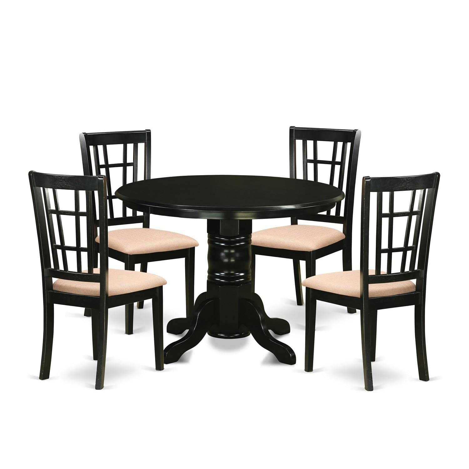East West Furniture SHNI5-BLK-C 5-Piece Modern Round Dining Table Set with Pedestal Base & 4 Linen Fabric Chairs, 42x42 Inch, Black - Perfect for Small Kitchens, Breakfast Nooks & Compact Dining Spaces