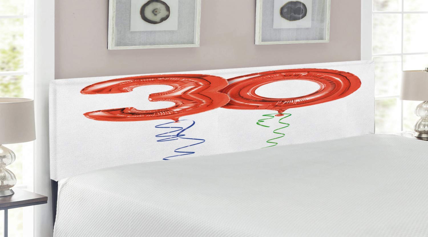 Ambesonne 30th Birthday Headboard - Red Number Balloons with Swirl Ribbons Design, Upholstered Decorative Metal Bed Headboard with Memory Foam, King Size (Red/Blue/Green) - Perfect for Birthday Party Decorations & Bedroom Makeovers