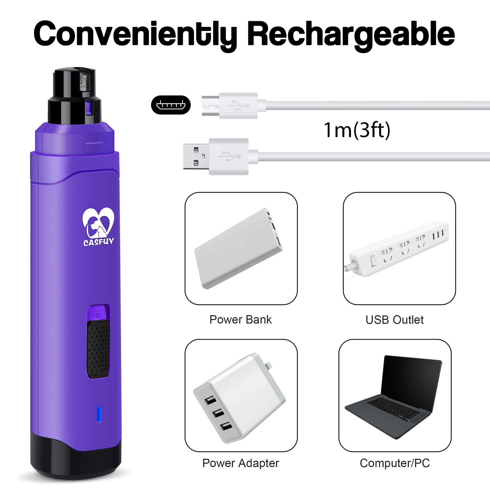 Casfuy Upgraded Dog Nail Grinder - Professional 2-Speed Electric Pet Nail Trimmer for Small, Medium & Large Dogs & Cats | Rechargeable, Painless Paws Grooming & Smoothing | Perfect for Home Grooming & Pet Spa Days (Purple)