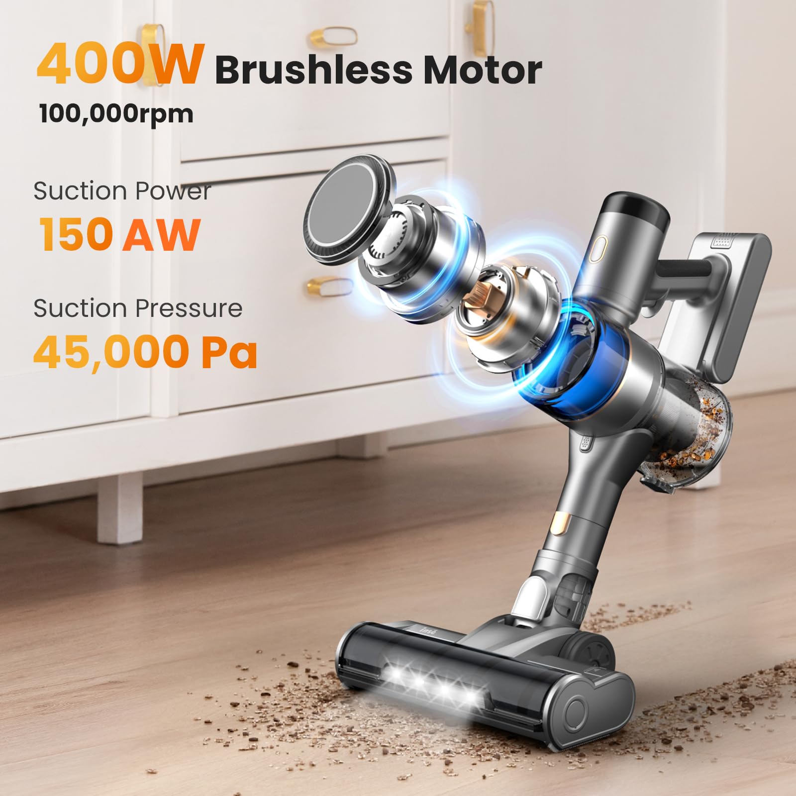 400W Cordless Vacuum Cleaner - 45Kpa Suction, 55min Runtime for Home & Carpet - LED Display