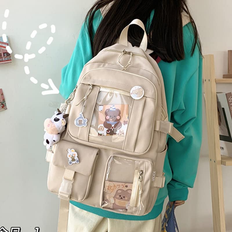 GGOOB Kawaii Backpack for School - Cute Aesthetic Laptop Backpack with Pins & Accessories (Beige) | Perfect for College, Travel & Everyday Use