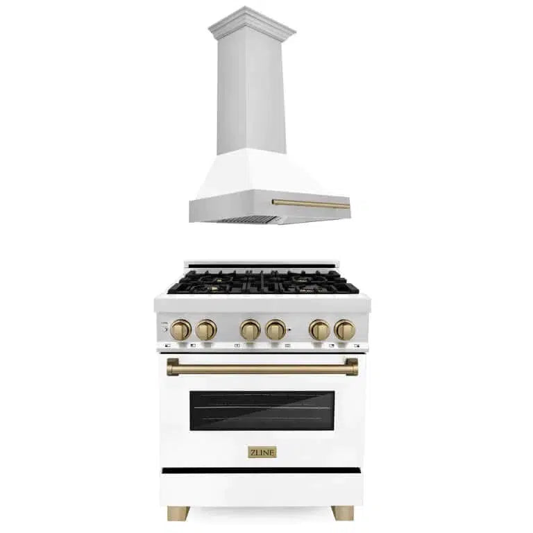 ZLINE Autograph Edition 30-inch Stainless Steel Dual Fuel Range with White Matte Door & Range Hood - Champagne Bronze Accents (2AKP RAWMRH30 CB) | Professional Kitchen Appliance for Home Chefs & Cooking Enthusiasts