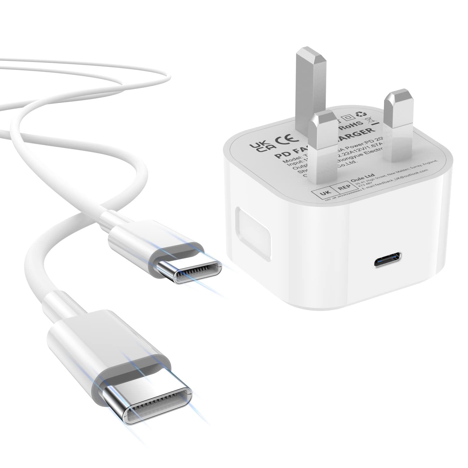 BIHPJD 20W USB C Fast Charger with 2M Cable - PD 3.0 Type C Wall Charger UK Power Adapter - Compatible with iPhone 14/13/12/11, iPad Pro/Air/Mini, Samsung Galaxy S22/S21/A52, Google Pixel 6/5/4/3 - Perfect for Home, Office & Travel Fast Charging