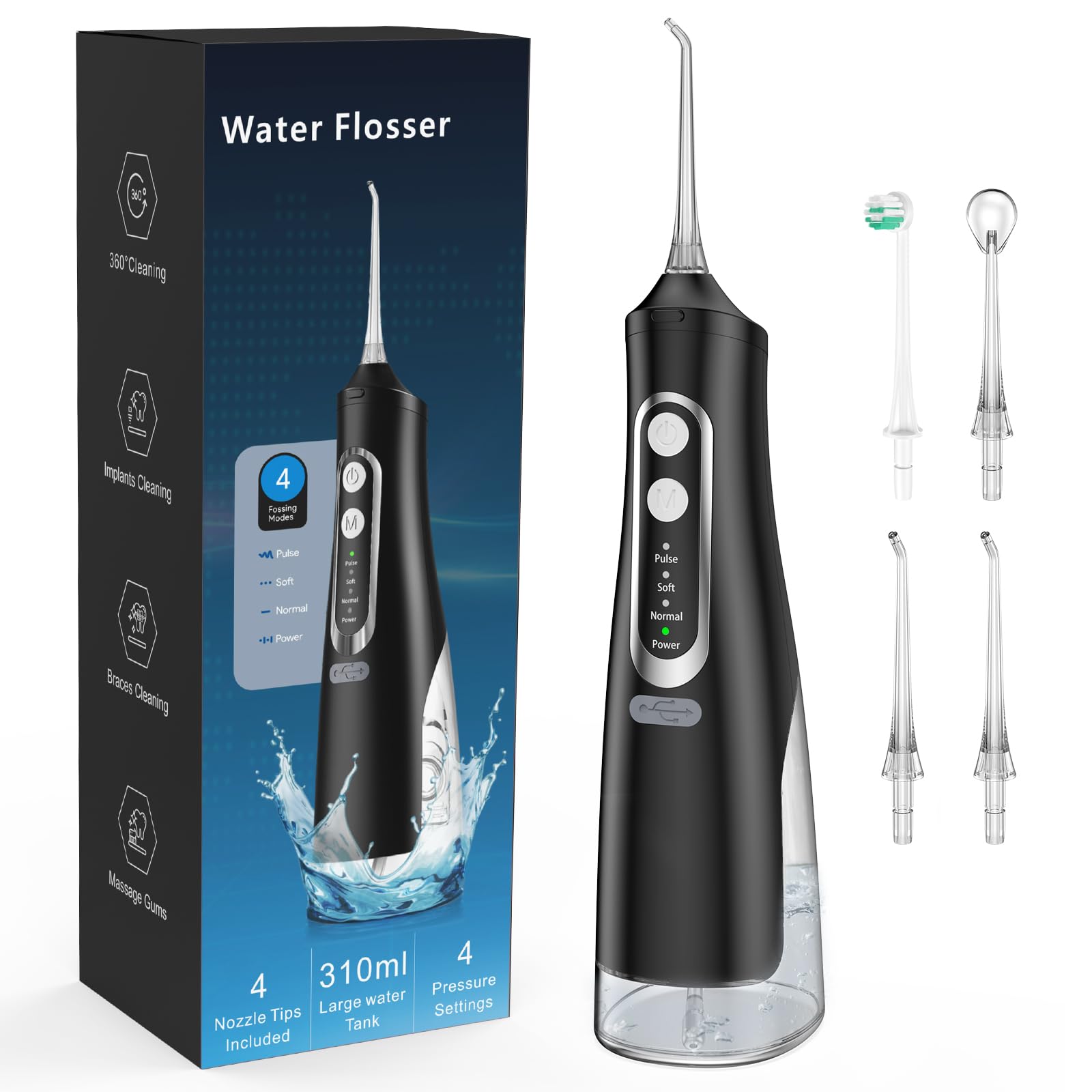 Premium Water Flosser for Teeth Cleaning - 4 Modes Rechargeable Oral Irrigator with 4 Nozzle Tips, Long Battery Life & IPX7 Waterproof - 310ML Large Water Tank (Black) | Perfect for Home Dental Care, Travel & Braces Cleaning