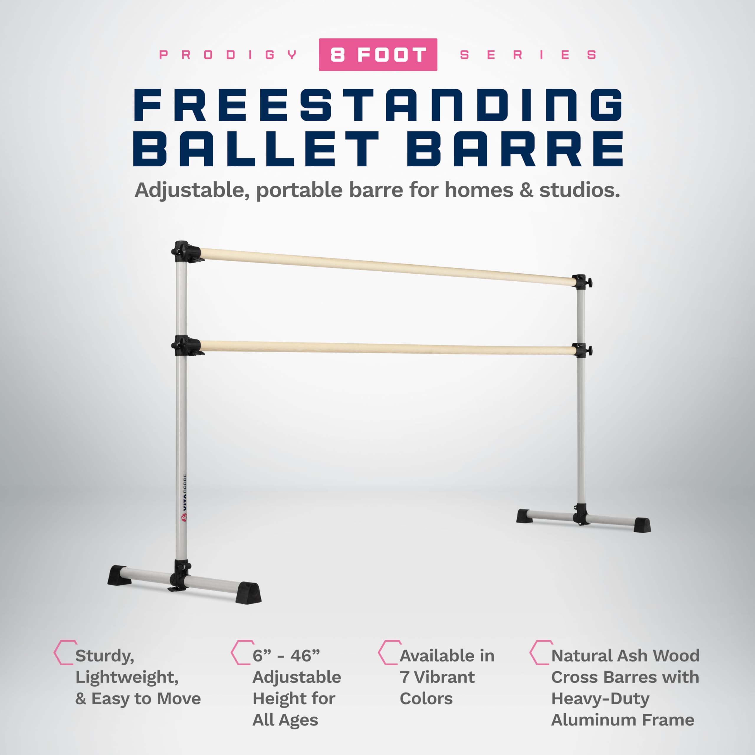 VITA Barre Portable Freestanding Double Ballet Barre - Adjustable Height Wooden Dance Bar for Home & Gym | USA Made Exercise Equipment for Kids & Adults | Perfect for Ballet Training, Stretching, Pilates & Fitness Workouts