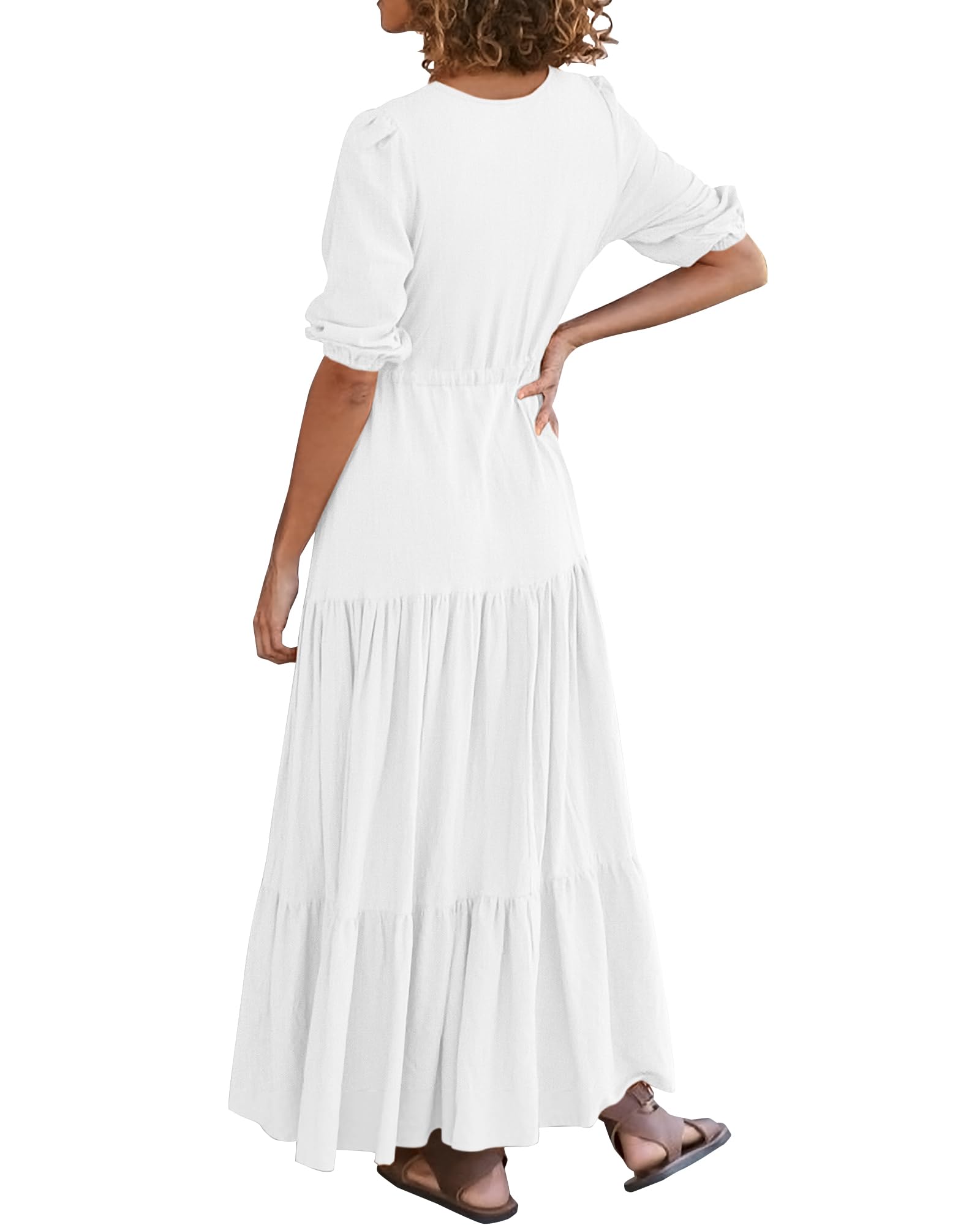 BTFBM Women's Summer Maxi Dress - Short Sleeve V-Neck Button Down Boho Long Dress with Drawstring Waist, Solid Color Casual Beach Dress for Vacation, Party & Everyday Wear