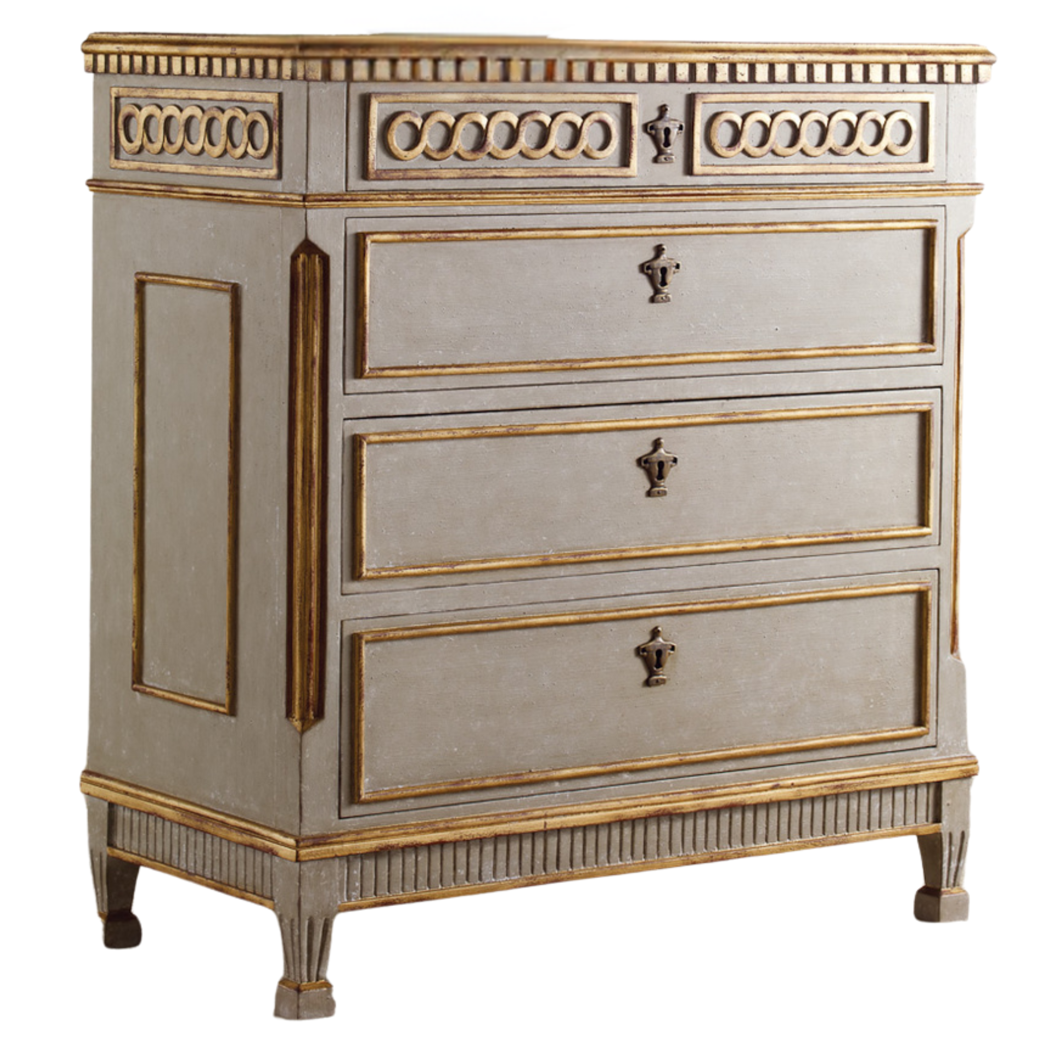 Antique Grey Regency Chest with Gold Leaf Details - Vintage Storage Cabinet for Bedroom, Living Room, or Entryway - Elegant Home Decor & Organizer