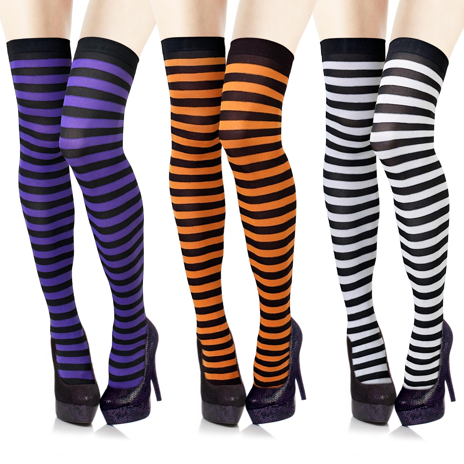 Apragaz 3 Pairs Women's Thigh High Socks - Striped Over The Knee Long Socks for Halloween, Cosplay & Party Outfits (Black, White, Orange, Purple) | Perfect for Witch Costumes, Christmas Stockings & Winter Fashion