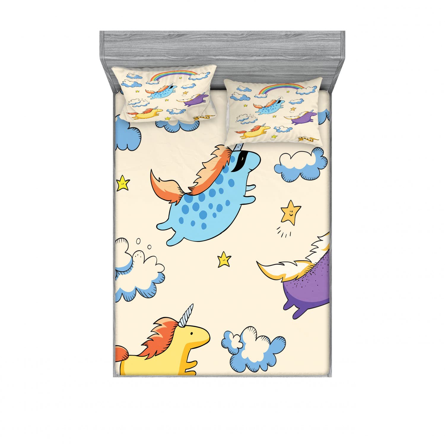 Ambesonne 2-Pack Unicorn Queen Fitted Sheet Set with 4 Pillow Shams - Pastel Flying Pony Design Bedding Collection for Girls Room Decor | Perfect for Kids Bedroom, Fantasy Themed Nursery & Gift Ideas
