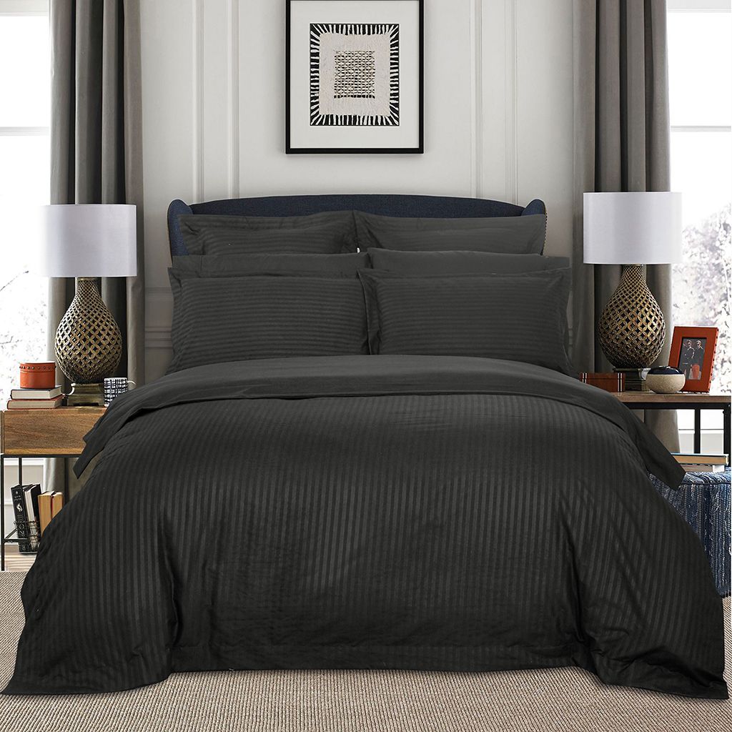 1000TC Ultra Soft Striped Queen Size Charcoal Duvet Cover Set - Luxury Bedding for Master Bedroom, Guest Room & Hotel Use