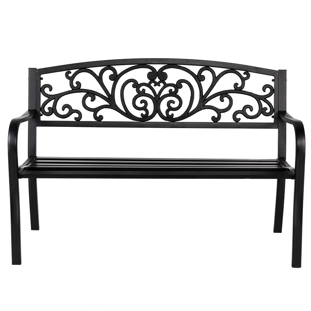 VINGLI 50 Inch Outdoor Metal Bench - Heavy Duty Powder Coated Cast Iron Steel Garden Bench for Patio, Yard, Lawn, Deck & Entryway - Weather Resistant Black Outdoor Furniture for Relaxing & Decorating