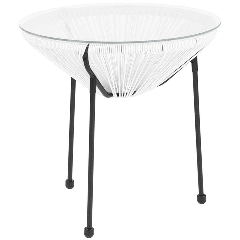 White and Black Valencia Glass Top Patio End Table Set of 2 - Modern Outdoor Side Table for Poolside, Garden, Deck or Balcony Furniture