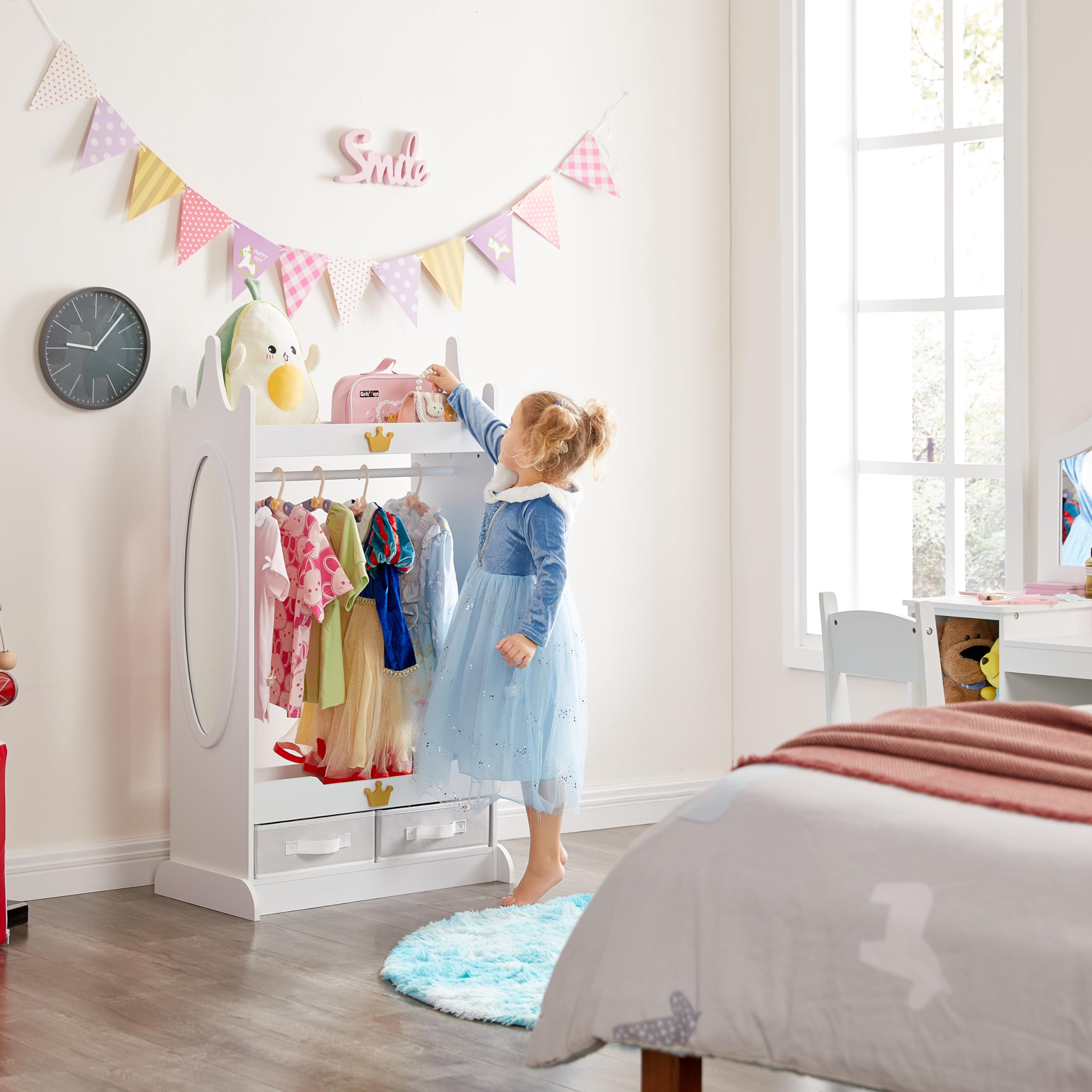 Kids Dress Up Storage Armoire with Mirror & Non-Woven Drawers - White Costume Closet with Hanging Rack for Toddlers | Perfect for Bedroom, Playroom & Dress-Up Organization