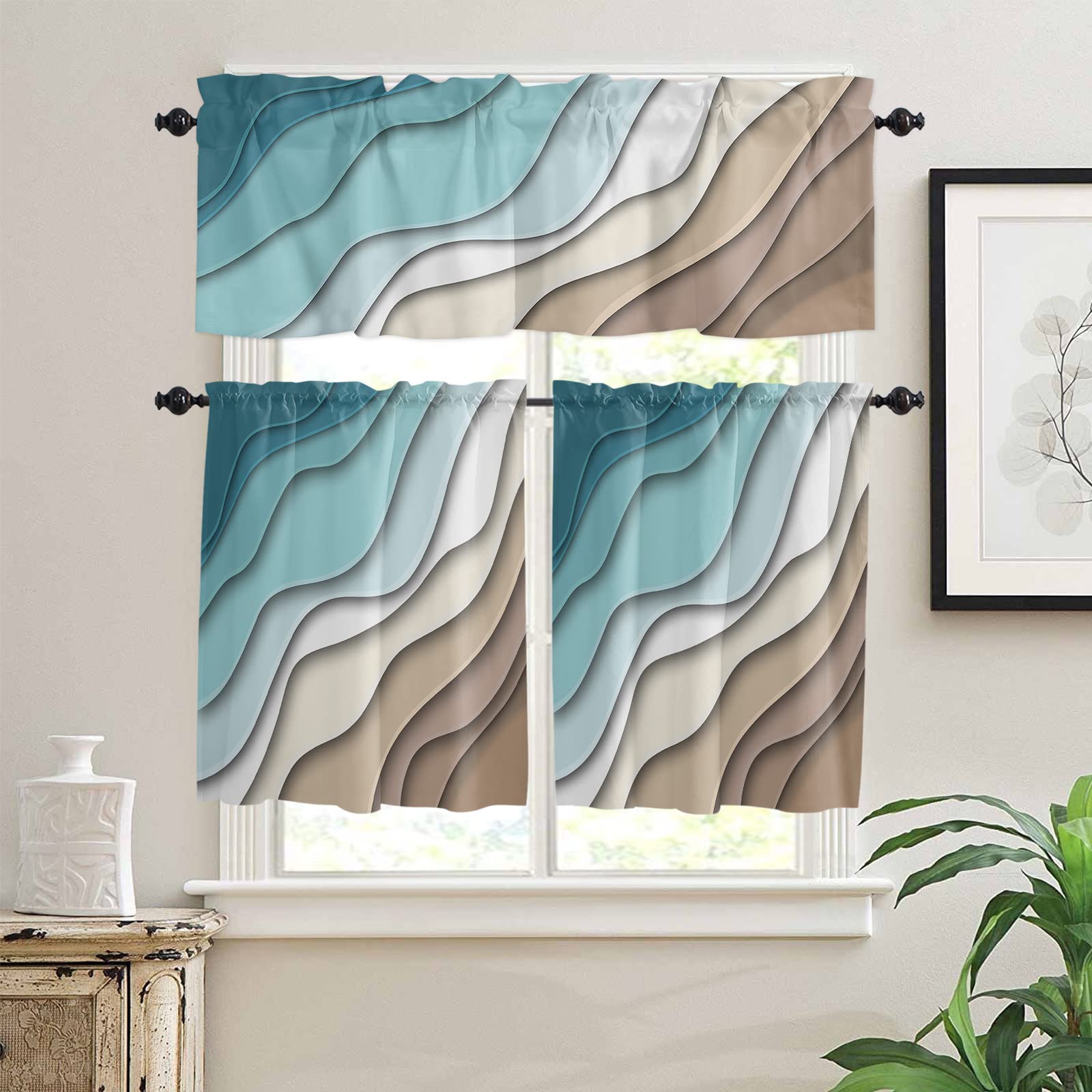Teal Brown Ombre Kitchen Curtains Set - 24 Inch Small Half Curtains with Turquoise Tier & Valance, Modern Geometric Window Treatments for Cafe, Bathroom, Kitchen - Perfect for Farmhouse, Apartment & Dorm Decor