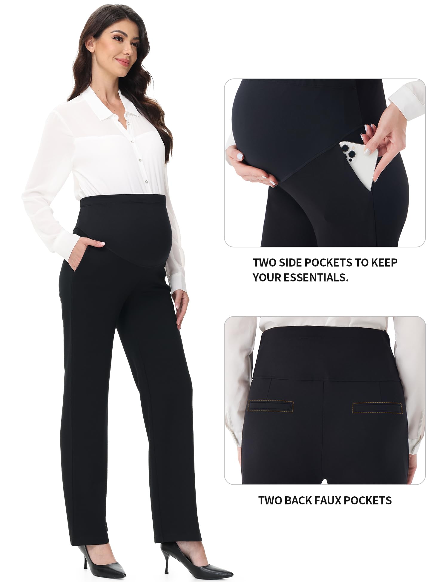 URBEST Women's Maternity Straight Leg Dress Pants - Stretchy Over The Belly Work Pants with Pockets for Office & Pregnancy Comfort