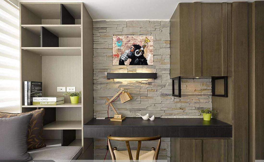 Abstract Thinking Monkey with Headphones Canvas Wall Art - 8x10 Inch Framed Print for Bedroom, Bathroom & Home Decor | Modern Gallery Artwork for Living Room, Office & Dorm Wall Decor