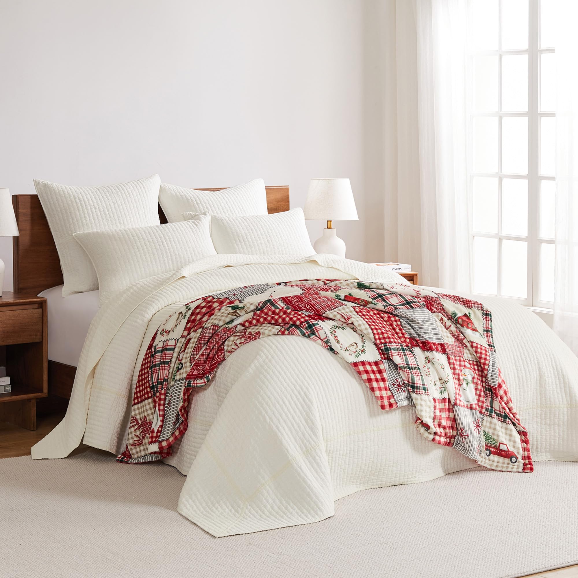 Levtex Home King Size Cross Stitch Cream Quilted Bedspread Set with 2 Shams - 100% Cotton Bedding (120x104in Bedspread + 20x36in Shams) - Elegant Cross Stitch Pattern for Master Bedroom Decor