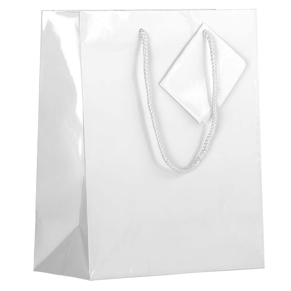 JAM Paper Glossy White Gift Bags with Rope Handles - Medium Size 8x4x10 Inches - Bulk Pack of 100 - Perfect for Birthday, Wedding & Party Favors