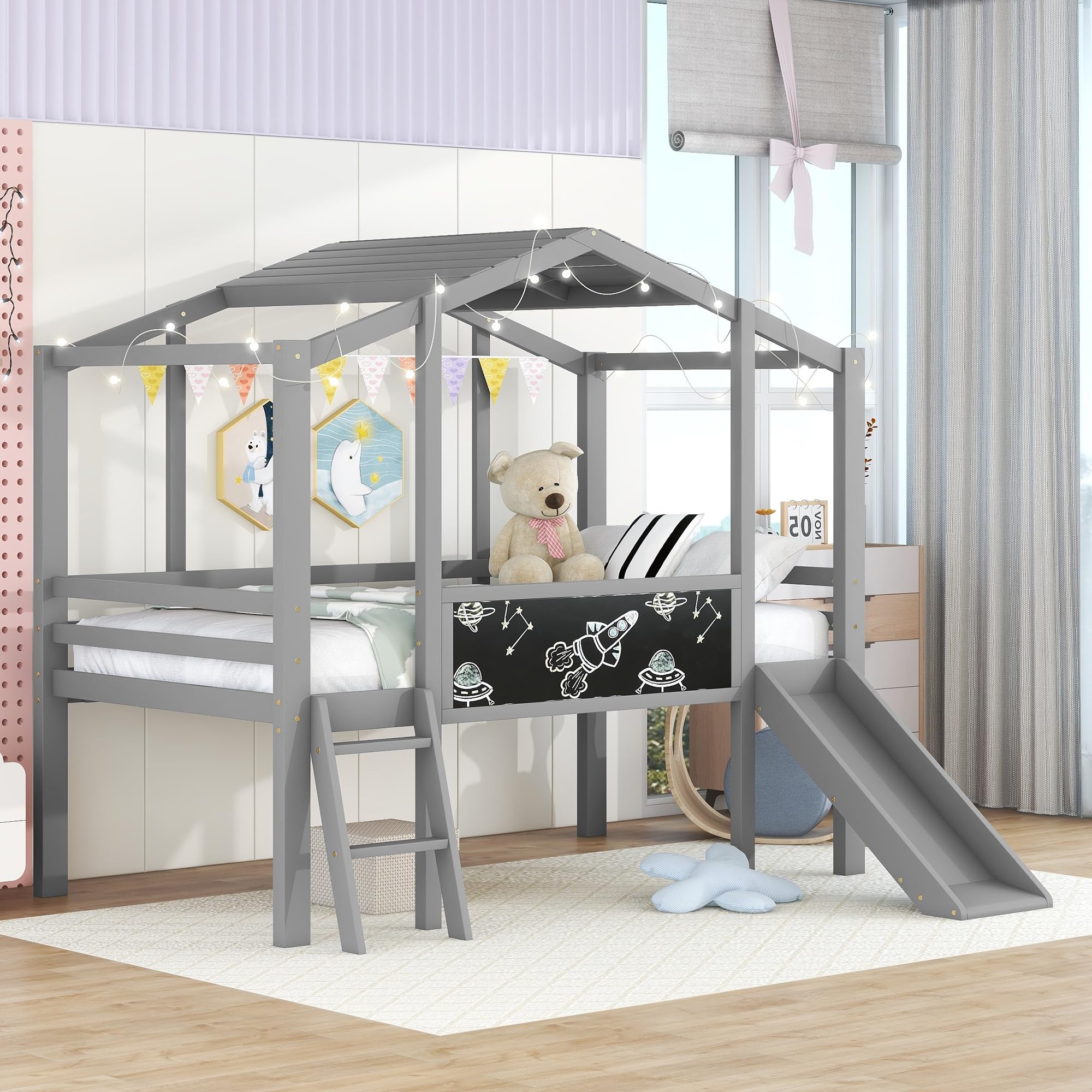 **Twin Size Loft Bed with Slide for Kids - Low Loft Bed with Blackboard & LED Light Strip - Wooden Slide Bed for Boys & Girls (Grey) - Perfect for Small Bedrooms, Playrooms & Fun Sleepovers**