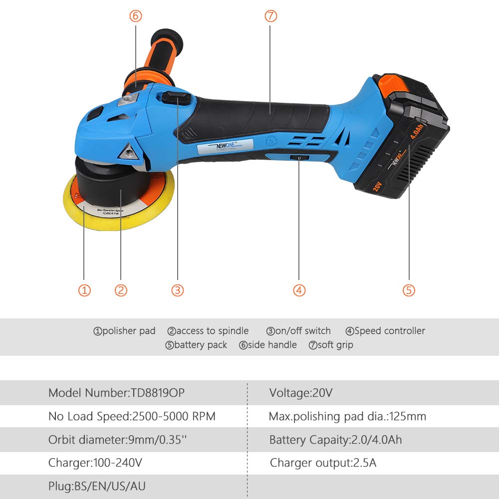 NEWONE 20V Cordless Dual Action Polisher - 5-Inch Round Orbital Buffer with 6 Speed Settings, Anti-Vibration Handle & 4.0Ah Battery - Perfect for Car Detailing, Sanding, Polishing and Waxing - Includes Fast Charger for Professional Auto Body & DIY Home Use