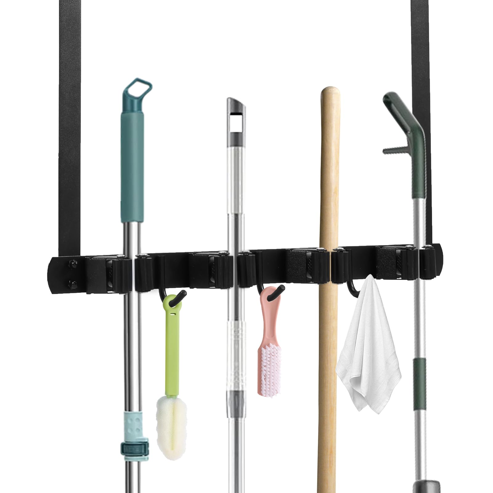 Stainless Steel Broom Holder - Over The Door or Wall Mount Mop & Broom Organizer with 2 Hooks for Closet, Garage, Laundry Room - Space Saving Storage Solution for Cleaning Tools