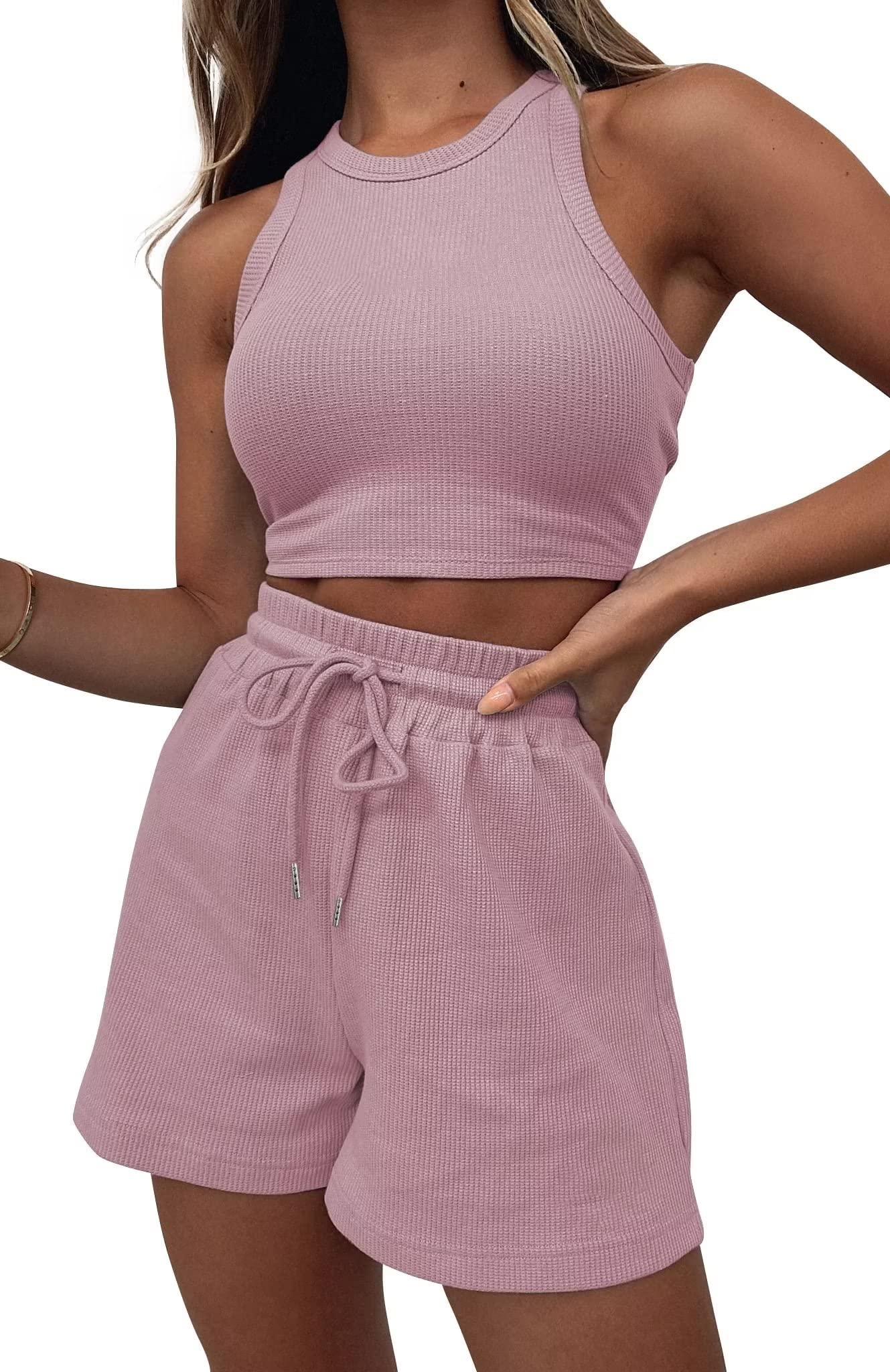 Women's 2-Piece Lounge Set - Sleeveless Crop Top & Shorts Comfy Outfit | Cute Loungewear for Relaxing at Home, Yoga, or Casual Wear