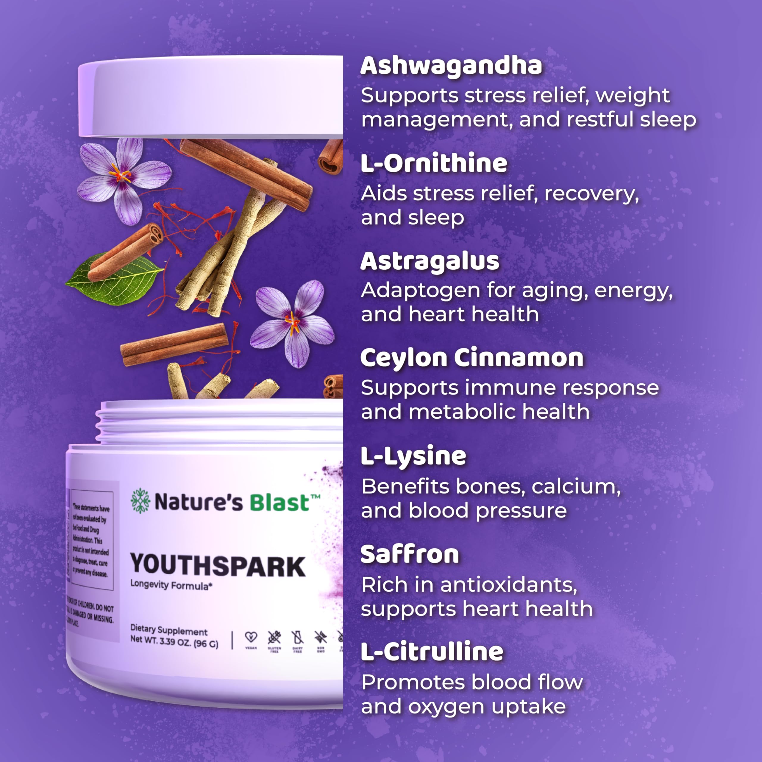 YouthSpark Longevity Formula Supplement - Natural Fruit Flavor Anti-Aging Supplement with Ashwagandha, Astragalus & Cinnamon - Supports Energy, Immunity & Cellular Health - 1 Bottle (60 Capsules) - Perfect for Daily Wellness Routine & Active Lifestyle