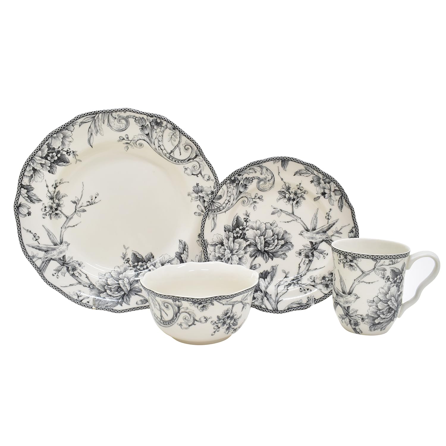 222 Fifth Adelaide 16-Piece Porcelain Dinnerware Set - Service for 4, Classic Grey Toile Bird & Floral Design, Microwave & Dishwasher Safe - Perfect for Everyday Dining, Family Gatherings & Dinner Parties