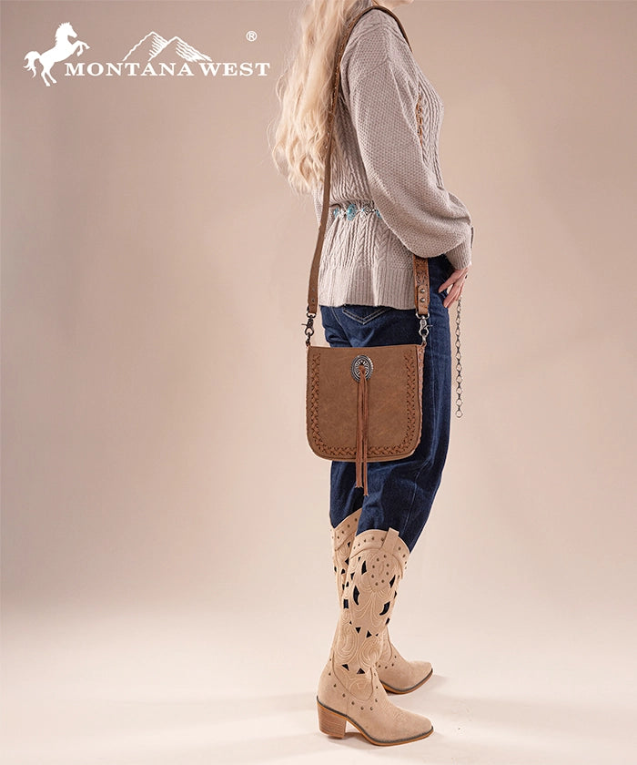 Montana West Genuine Leather Tooled Whipstitch Crossbody Purse for Women - Stylish Handbag for Everyday Use, Travel & Shopping