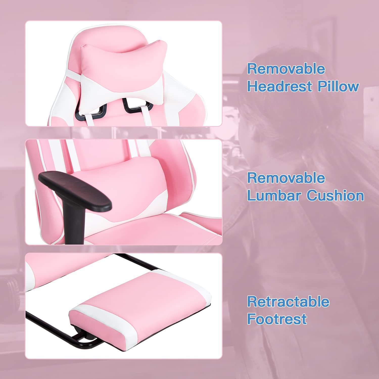 Best Pink Faux Leather Gaming Chair for Women - Ergonomic Office Chair with Adjustable Lumbar Support, 360° Swivel & Armrests - Perfect for PC Gaming, Home Office & Streaming Setup