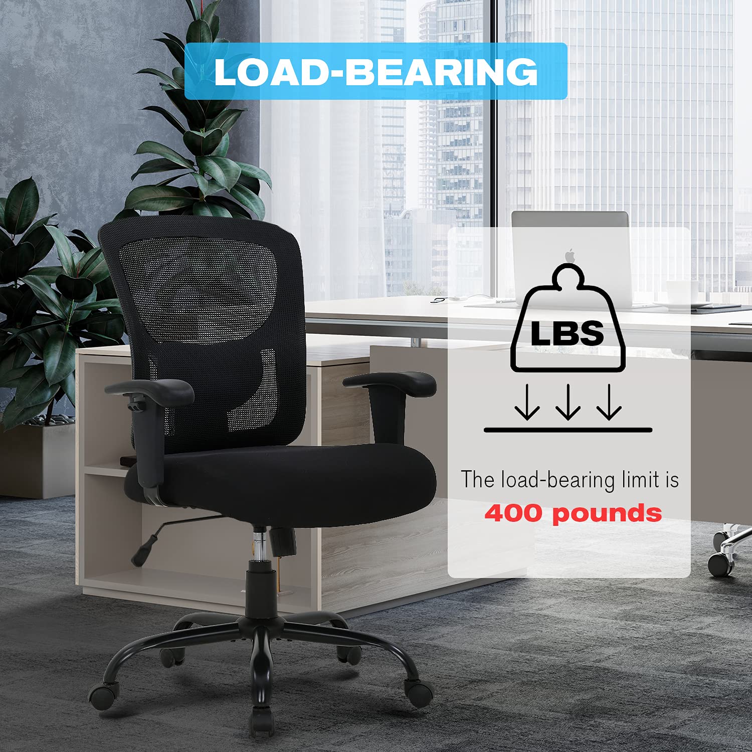 Big & Tall Office Chair 400 lbs Capacity - Heavy Duty Ergonomic Mesh Computer Desk Chair with Adjustable Height, Lumbar Support & Rolling Wheels for Home & Office Use - Perfect for Large & Tall Individuals (Black)