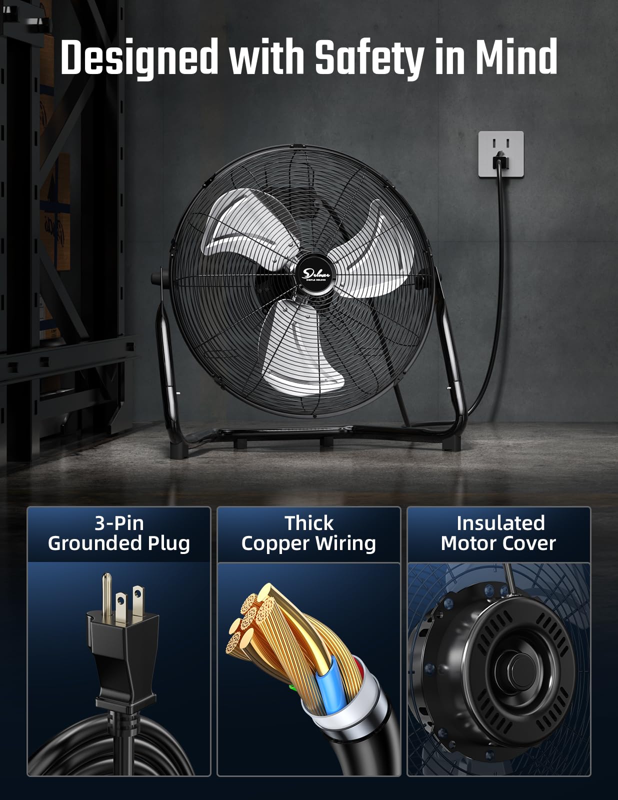 Simple Deluxe 18 Inch 3-Speed High Velocity Heavy Duty Metal Industrial Floor Fan - Quiet Cooling for Home, Office, Warehouse & Greenhouse - Indoor Outdoor Use - Black (2 Pack) - Perfect for Large Spaces, Workshops & Hot Weather Cooling