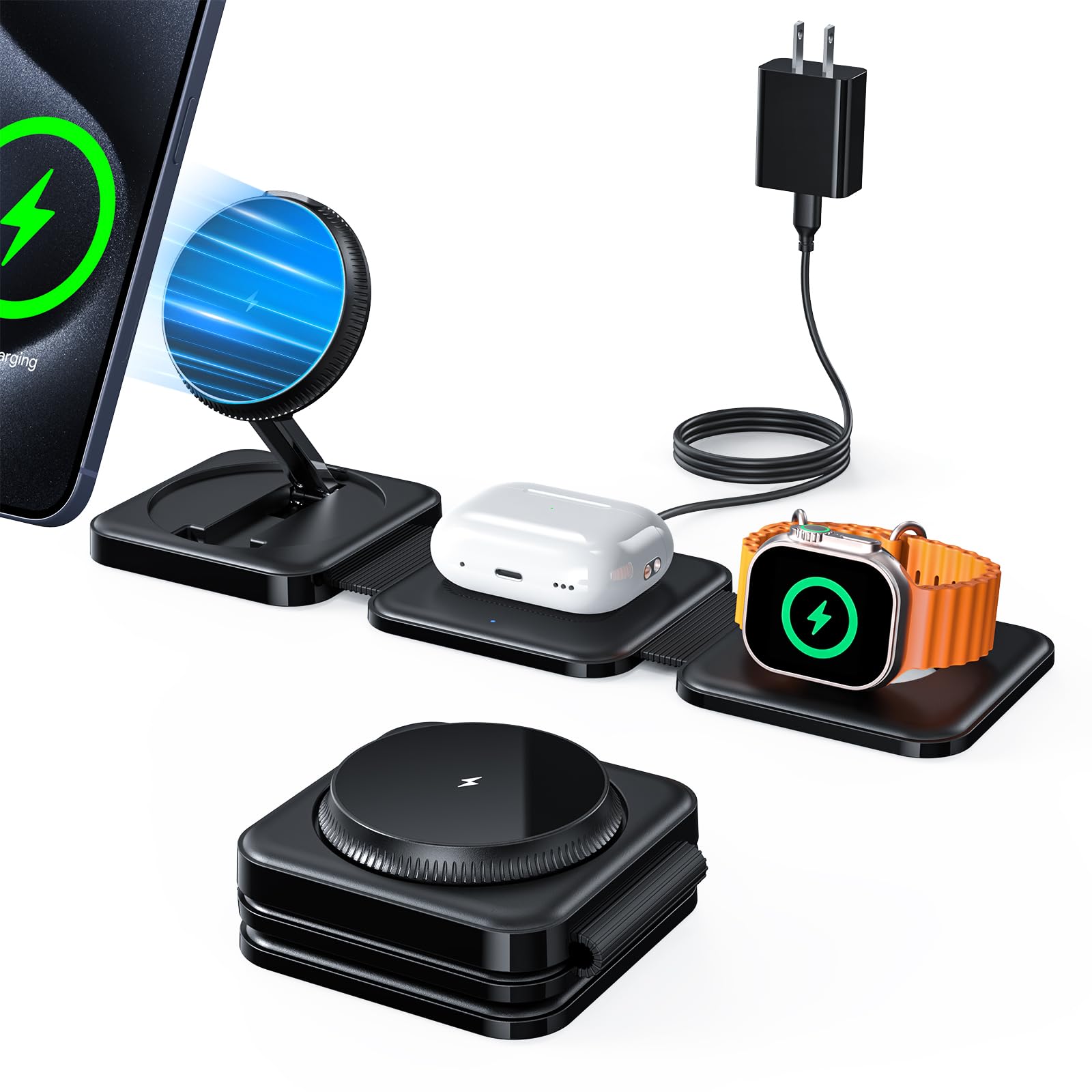 Hinyx 3-in-1 Magnetic Wireless Charging Station - Foldable Portable Travel Charger for iPhone 15/14/13/12 - Perfect for Home, Office & Travel Use