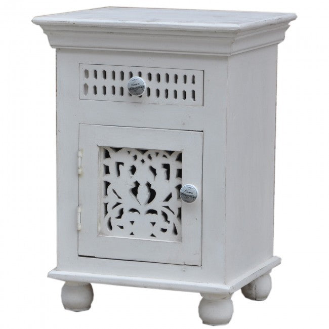 Hand Carved Wooden Bedside Table - Natural White Nightstand with Drawer for Bedroom Decor | Rustic Night Stand for Small Spaces & Modern Home Furniture