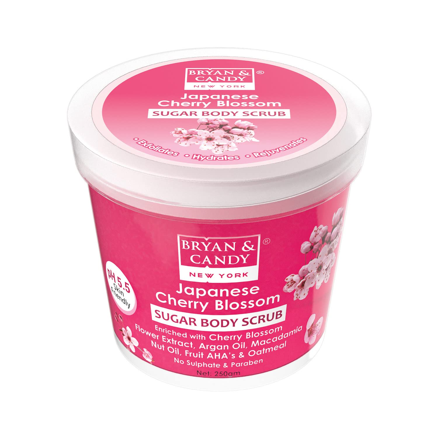 Bryan & Candy Cherry Blossom Sugar Body Scrub - PH 5.5 Exfoliating Scrub for Tan Removal & Dead Skin | Enriched with Macadamia & Argan Oil | Gentle Exfoliation for Knees, Elbows & Ankles | Unisex Skincare - 250g | Perfect for Post-Workout Refresh & Pre-Self Care Routine