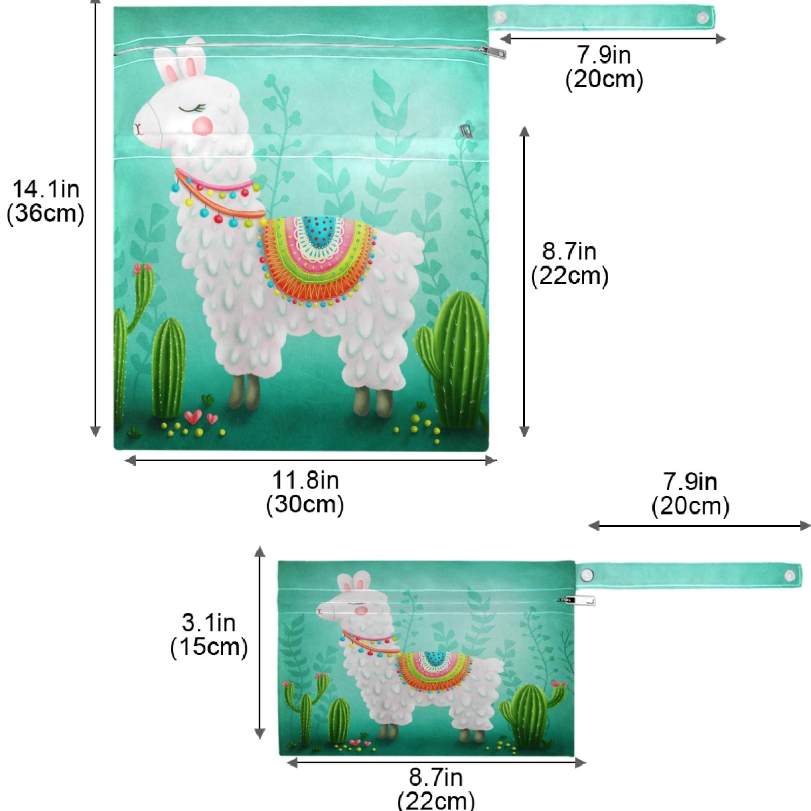 Visesunny 2-Pack Cute Llama Wet Bags with Zippered Pockets - Reusable & Washable Waterproof Storage for Travel, Beach, Pool, Gym | Perfect for Diapers, Swimsuits, Toiletries & Dirty Clothes | Daycare, Stroller & Sports Essentials