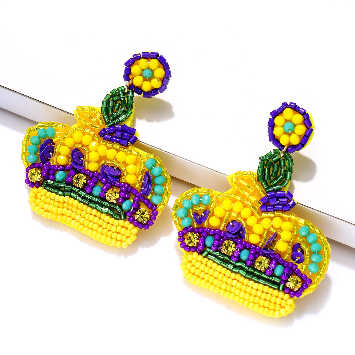 Handmade Beaded Mardi Gras Earrings for Women - Fleur De Lis Drop Dangle Earrings with Crown Design | Costume Party, Parade & Festival Accessories | Perfect Holiday Gifts for Carnival, New Orleans Theme Parties & Festive Celebrations