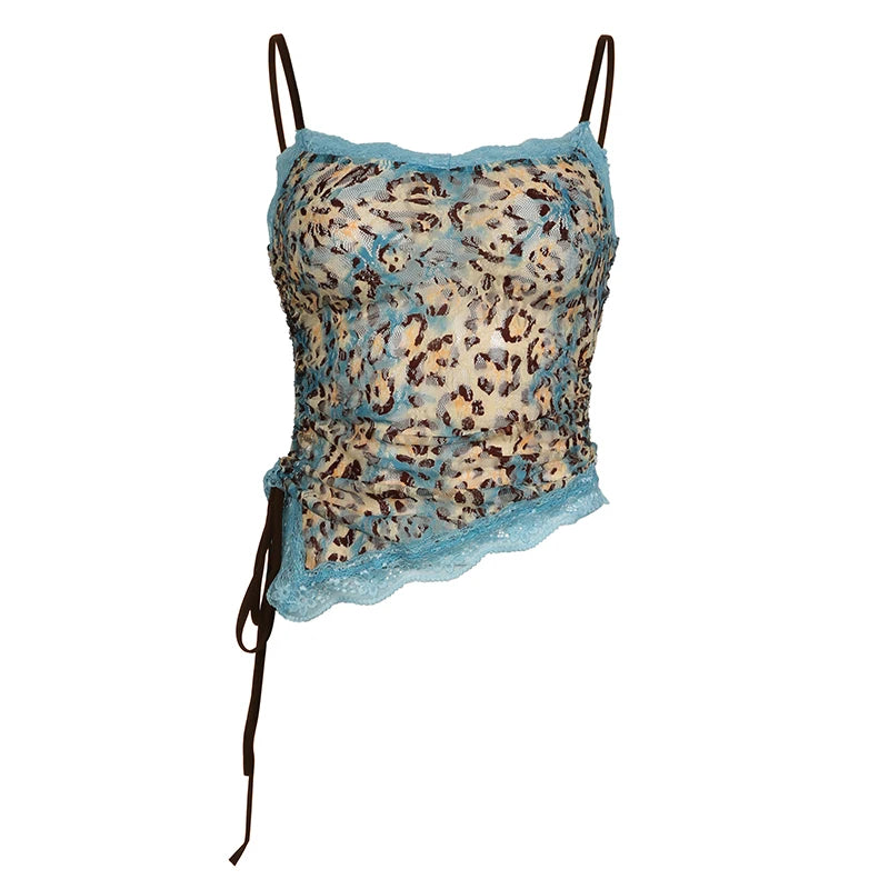 Vintage Asymmetrical Lace Camisole Top - Sexy Y2K Aesthetic Drawstring Crop Top for Women | Leopard Print Sheer Summer Party Top | Perfect for Clubbing, Date Nights & Music Festivals