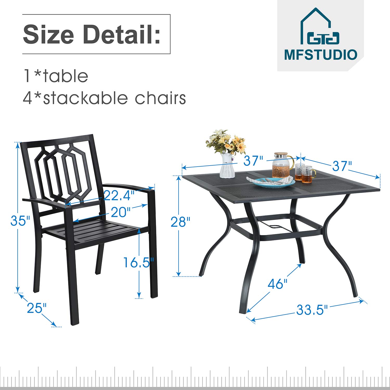MFSTUDIO 5-Piece Black Metal Dining Table Set with 4 Armrest Chairs - 37