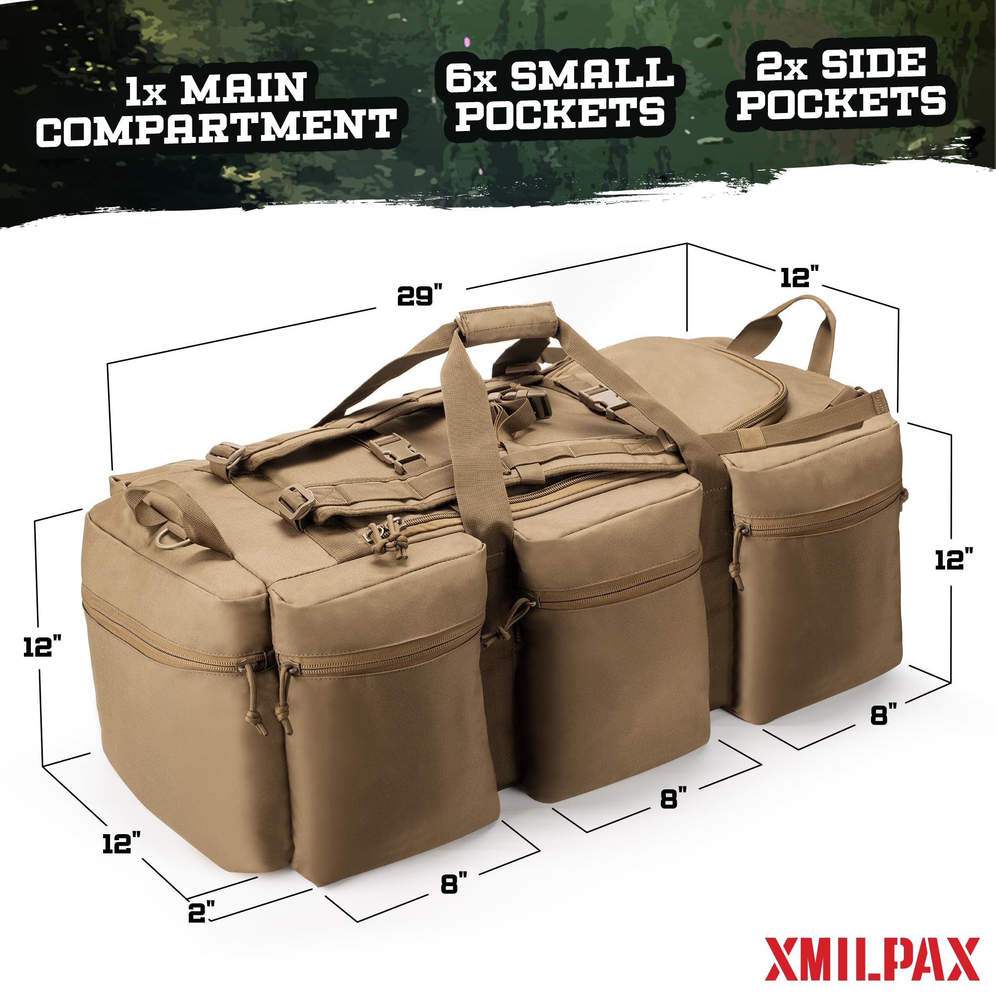 XMILPAX 100L Large Military Duffle Bag - Heavy Duty Deployment Duffel for Travel, Sports Equipment & Gym Gear - Detachable Backpack Straps - Coyote Tan - Perfect for Camping, Hiking & Military Use