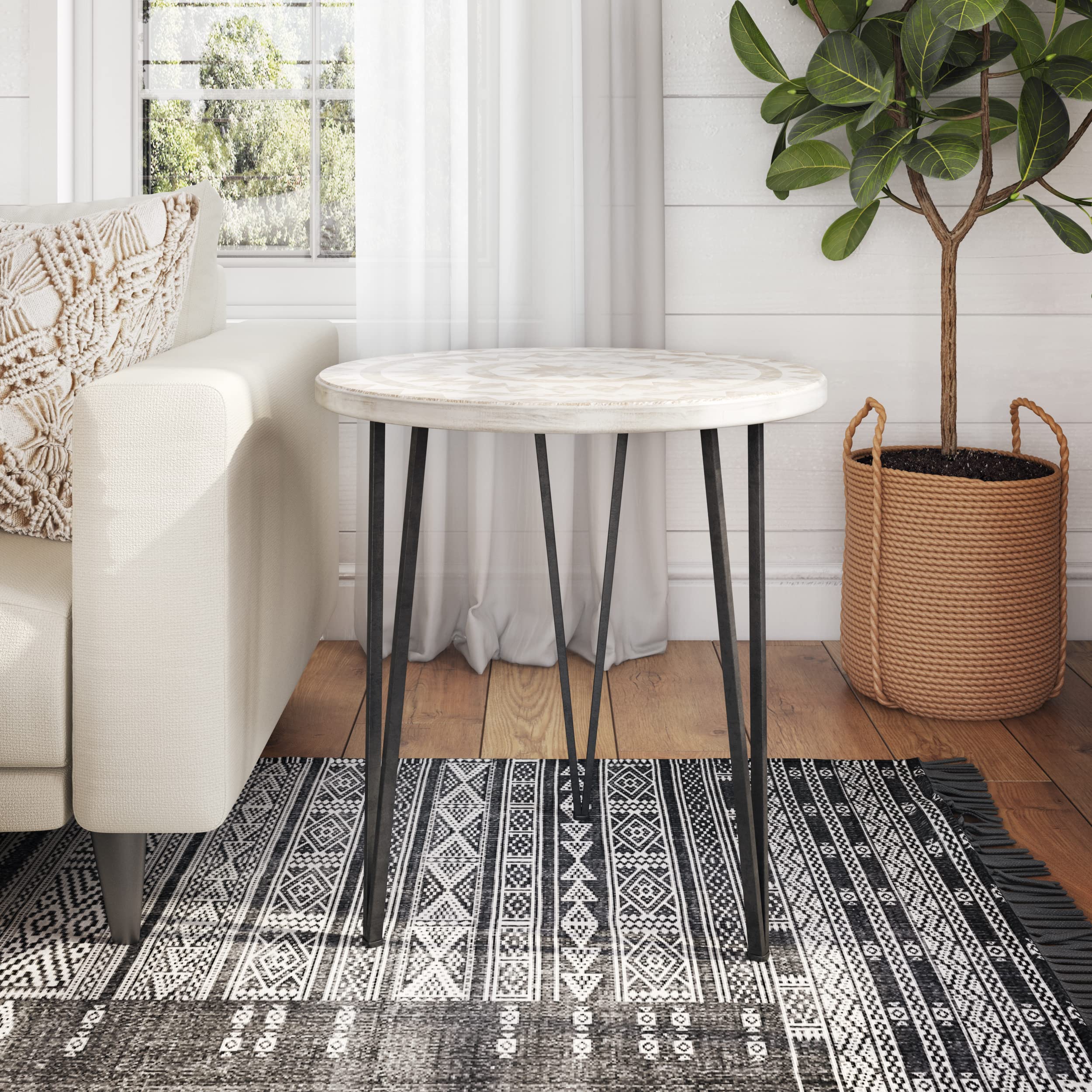 Anthea Bohemian Accent End Tables - Beige Wooden Side Table with Carved Details for Living Room, Bedroom, or Office Decor