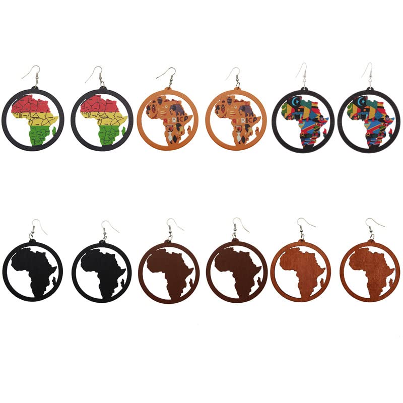 African Map Wooden Dangle Earrings Set - Colorful Hollow Round Africa Earrings for Women & Girls | Handmade Jewelry for Travel, Festival & Boho Fashion