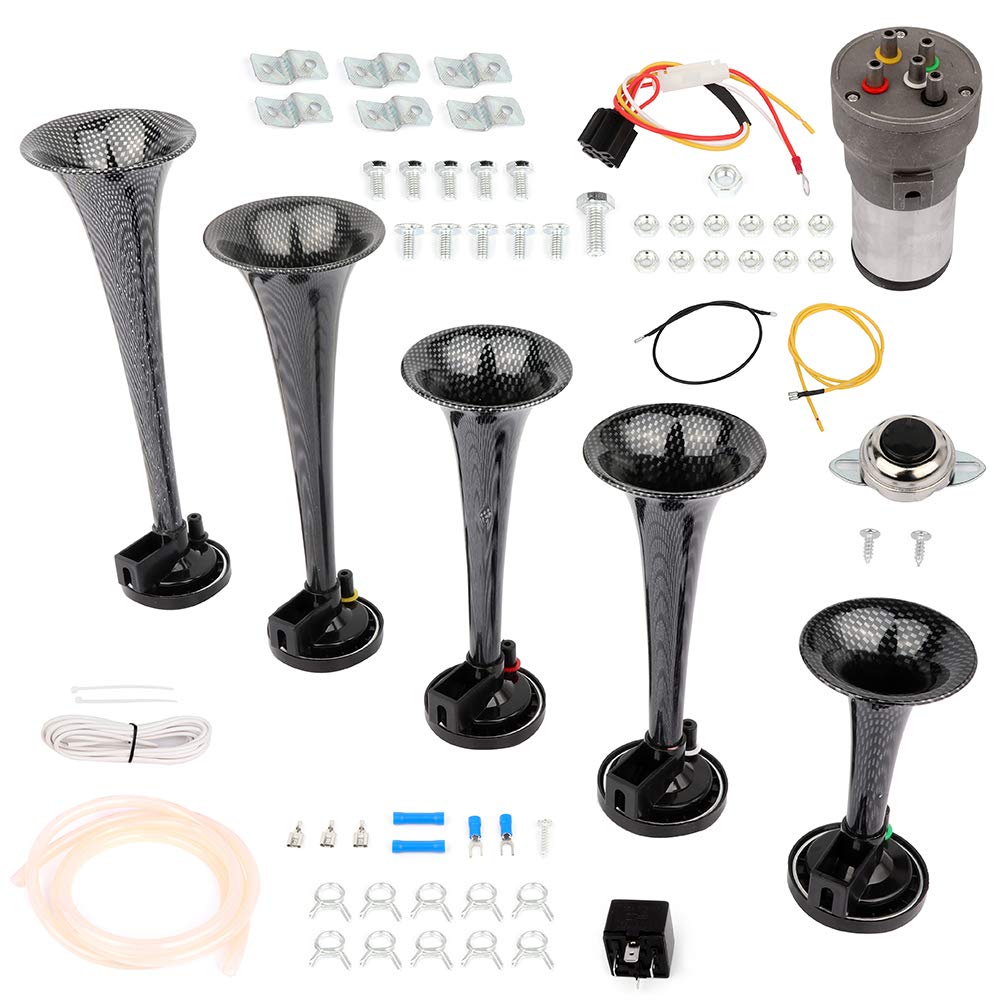 5 Trumpet Electric Air Horn with Compressor - 12V Loud Train Sound for Trucks, Cars, SUVs & Boats - Heavy Duty Vehicle Replacement Horn - Black (Perfect for Emergency Alerts & Off-Road Adventures)