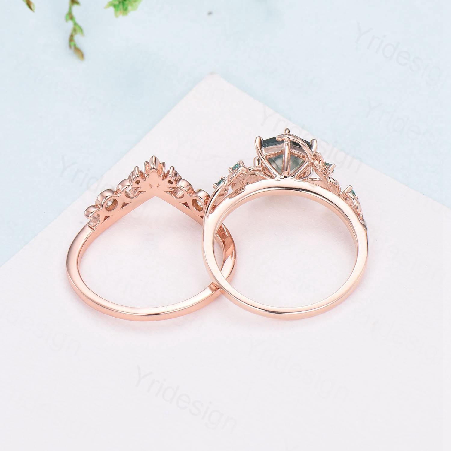 2pcs Hexagon Cut Moss Agate Ring Set - Elegant Green Agate Nature Inspired Engagement Ring, Emerald Stacking Band Bridal Set, Anniversary Gift for Women - Perfect for Weddings, Proposals, Valentine's Day & Everyday Boho Jewelry
