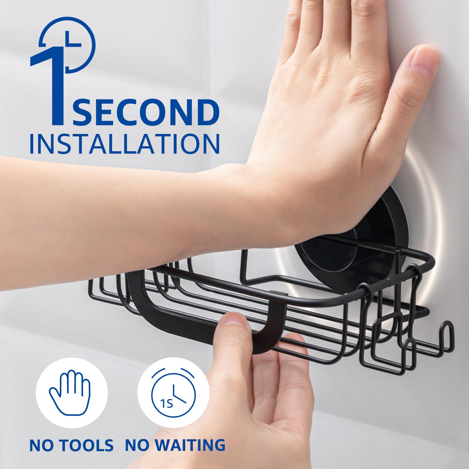 Stainless Steel Soap Dish with Suction Cup & 4 Hooks - Rustproof Bar Soap Holder & Sponge Tray for Shower, Bathroom, Kitchen - No Drill Installation, Black - Perfect for Organizing Bath Essentials & Keeping Countertops Dry
