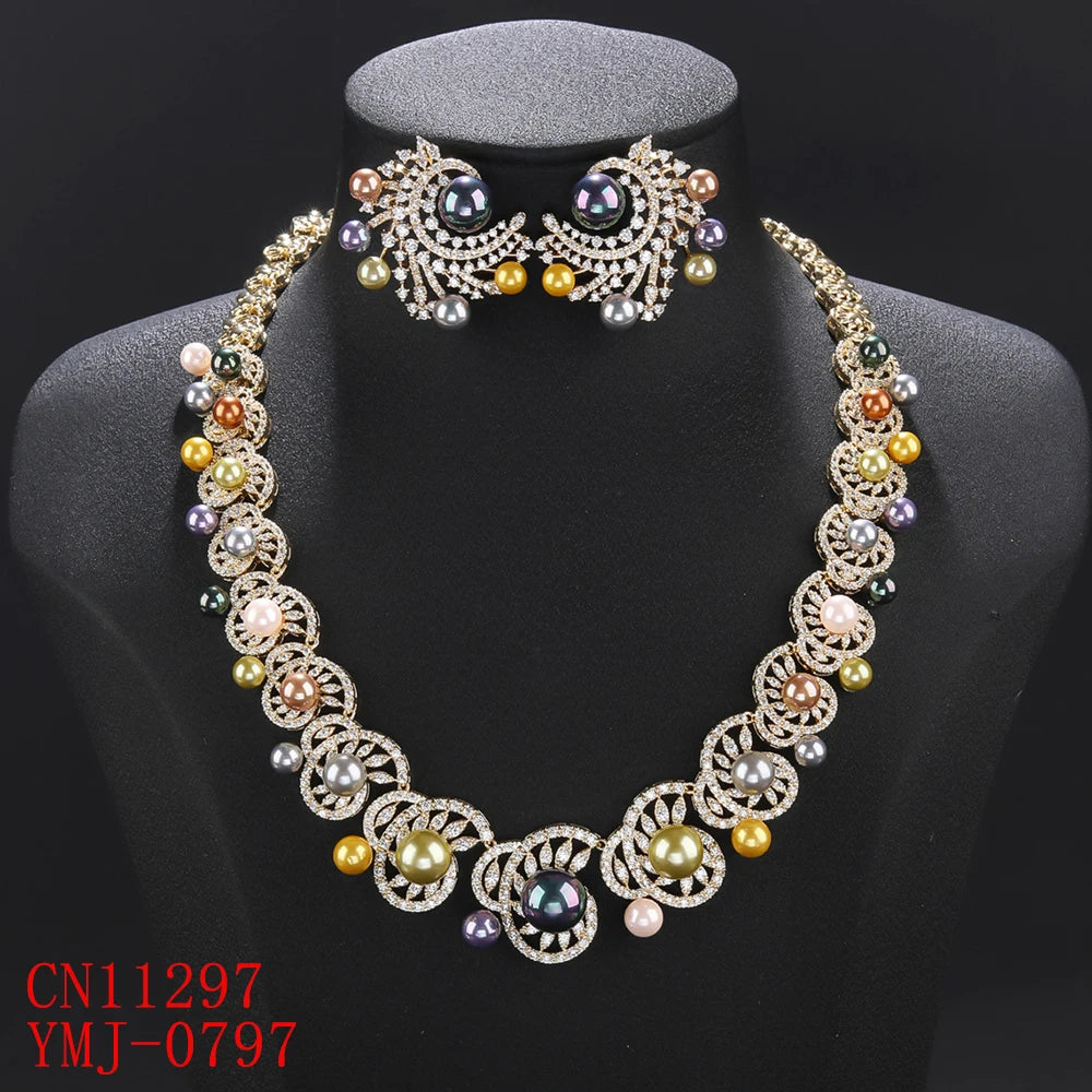 Luxury 7-Color Pearl Choker Necklace & Earrings Set with White Cubic Zirconia - Wedding, Bridal Party Jewelry for Women - Perfect for Formal Events, Anniversaries and Special Occasions