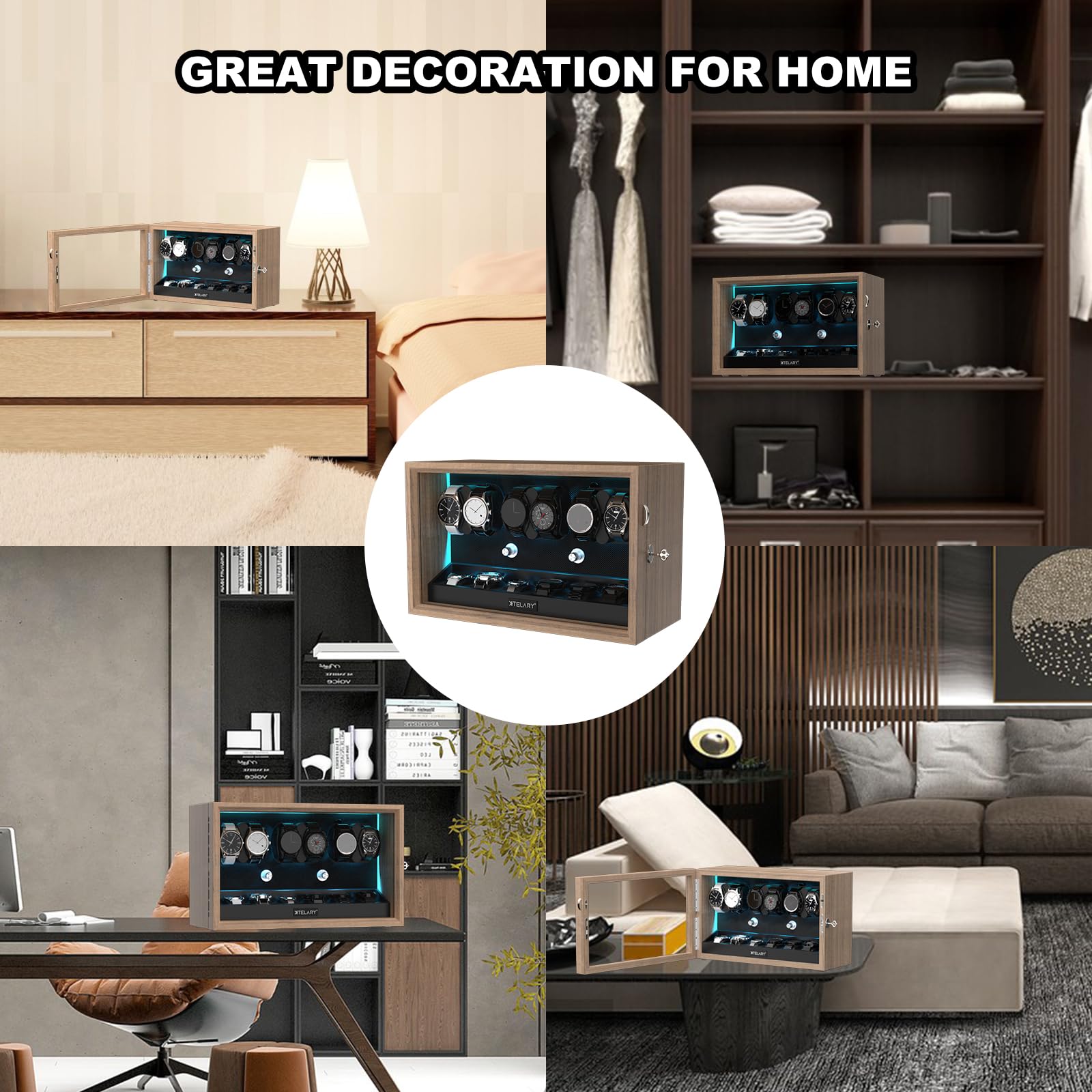 XTELARY Lockable Automatic Watch Winder - 4/6/8/12 Watch Storage Box with 4 Rotation Modes, Ultra Quiet Motor & LED Backlight | Perfect for Watch Collectors, Luxury Timepiece Display & Safe Storage at Home/Office