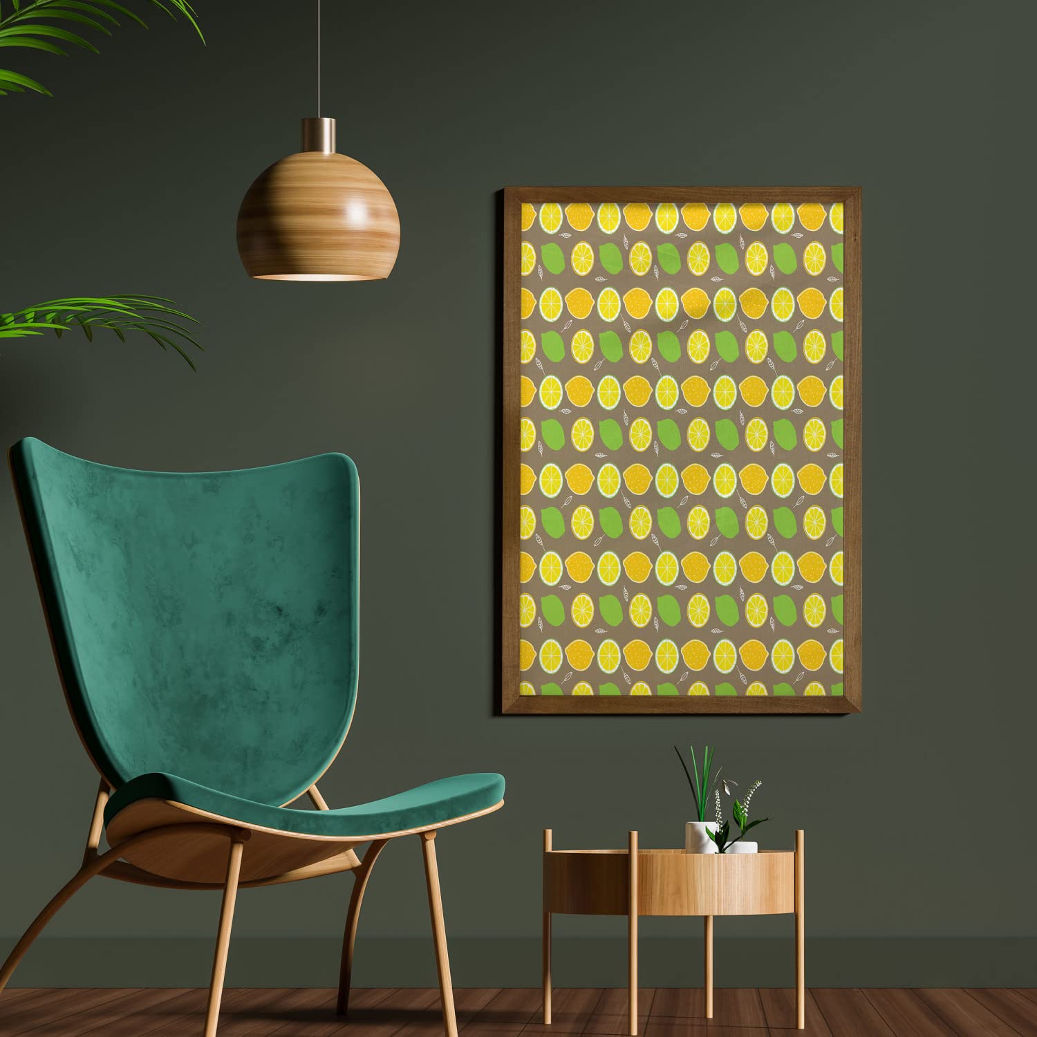 Ambesonne Lemons Framed Wall Art - Vibrant Lime & Lemon Print on Taupe Background with Teak Wood Frame, 23