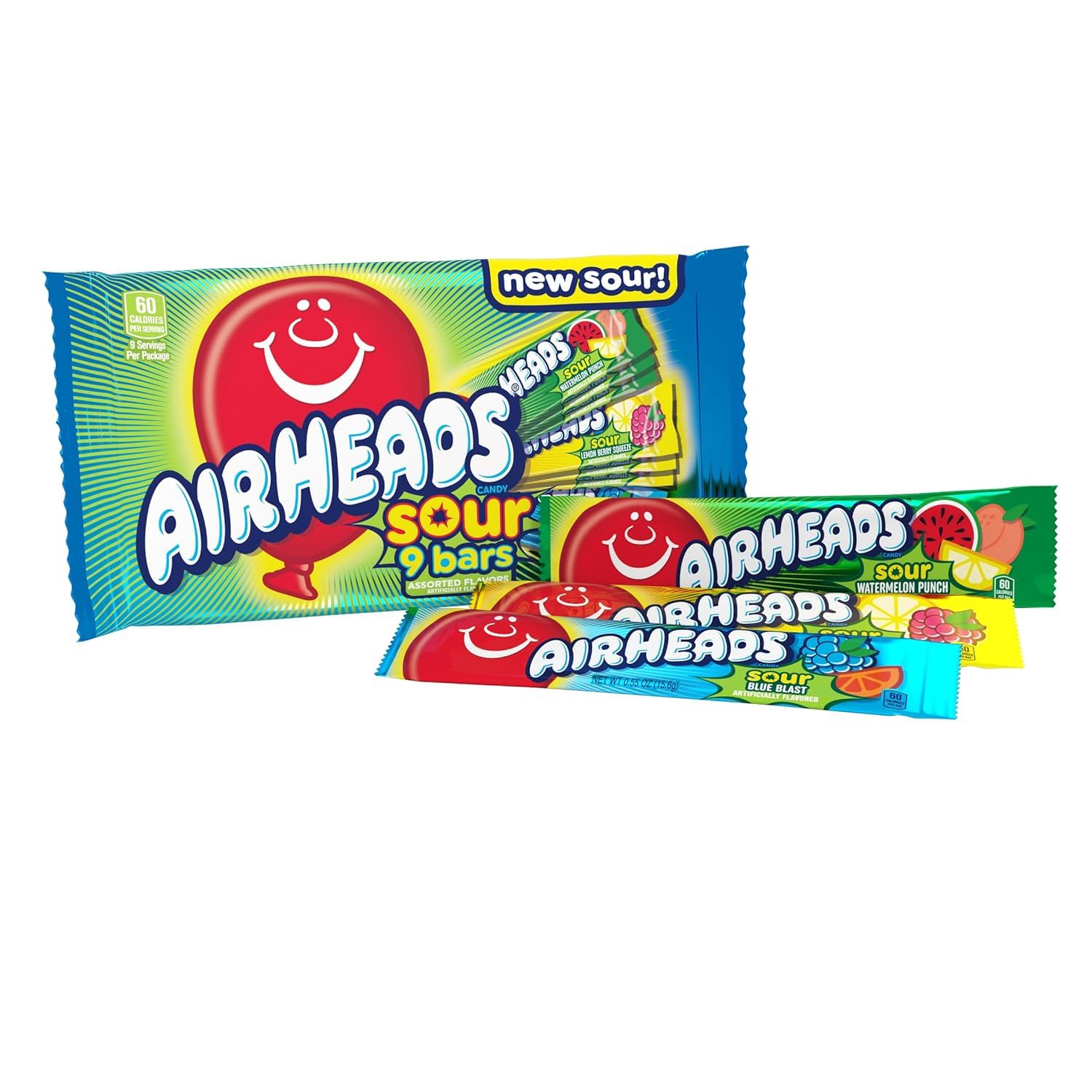 Airheads Sour Full-Size Candy Bars - Assorted Taffy Candy Bag with 3 Flavors (9 Count) | Individually Wrapped for Freshness | Perfect for Halloween, Party Favors & Office Snacks